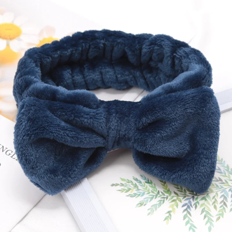 Soft Bow Headbands SPA Yoga Big Solid Coral Fleece Elastic Hair Bands Qme Navy Blue