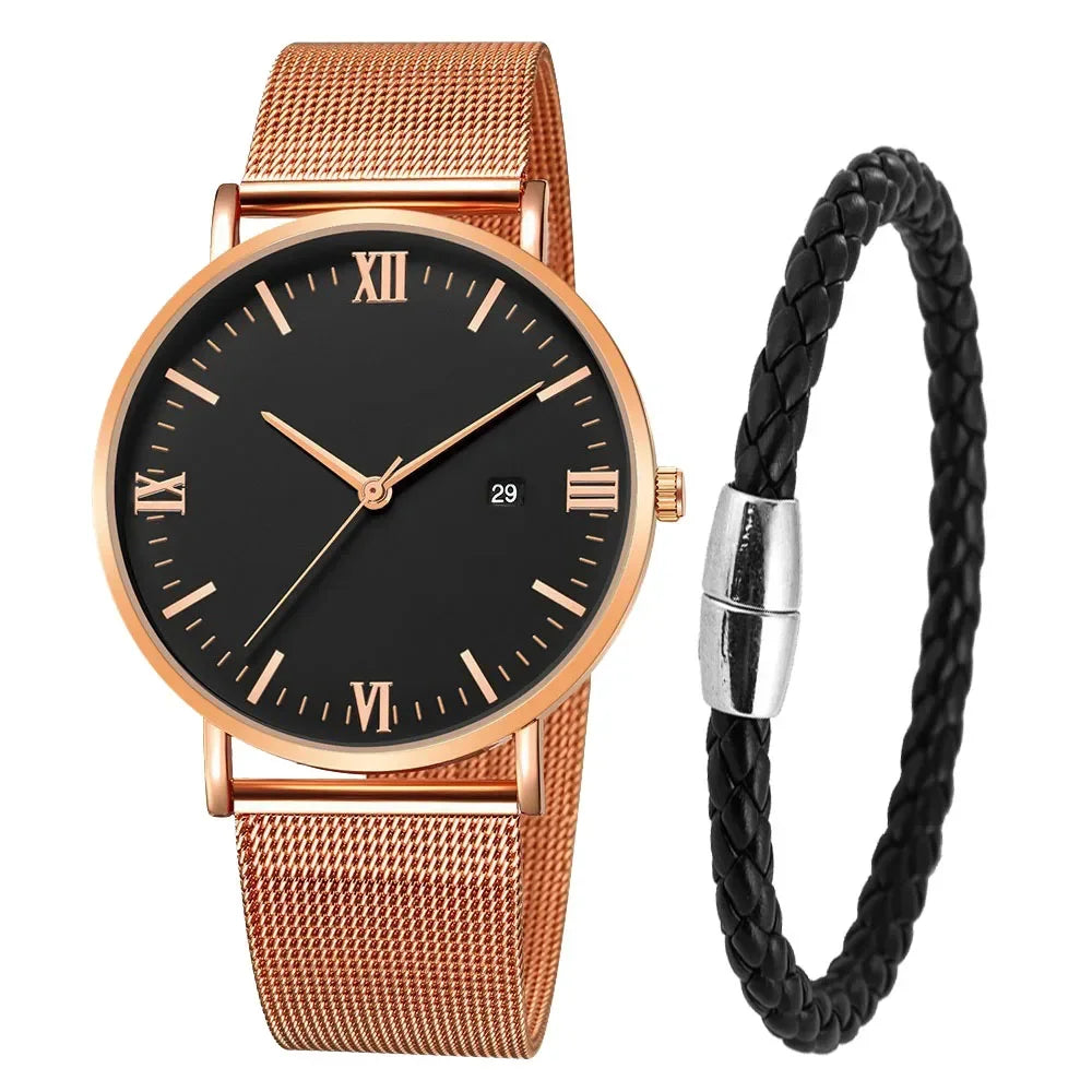 Ultra Thin Men Watch Magnetic Bracelet Quartz Watch Calendar Men Slim Mesh Steel Waterproof Sport Watch Black Relogio Masculino Qme Rose Black set