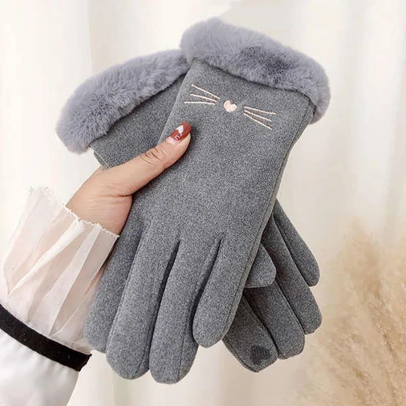Autumn Winter Warm Suede Gloves Velvet Thickened Plush Decor Cuff Qme Grey