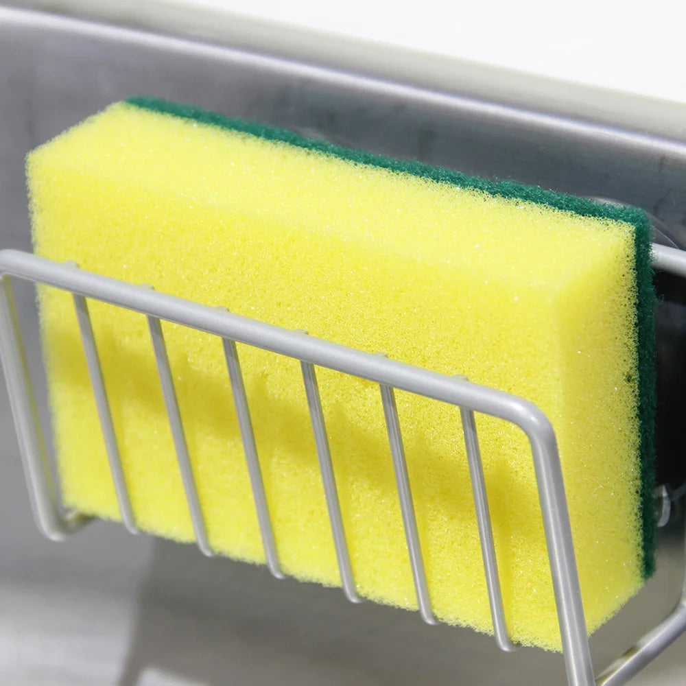 No-Drill Iron Sponge Holder Rack - Over Sink Draining Shelf, Wall-Mounted Kitchen Organizer for Dish Scrubber & Soap Dispenser Qme