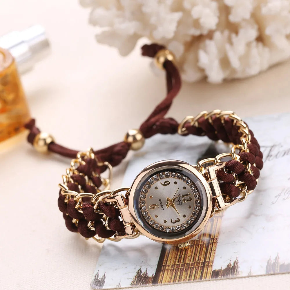 Women Knitting Rope Chain Winding Analog Quartz Movement Wrist Watch Fashionable Simple Style Quartz Wristwatch Reloj Mujer Qme Brown