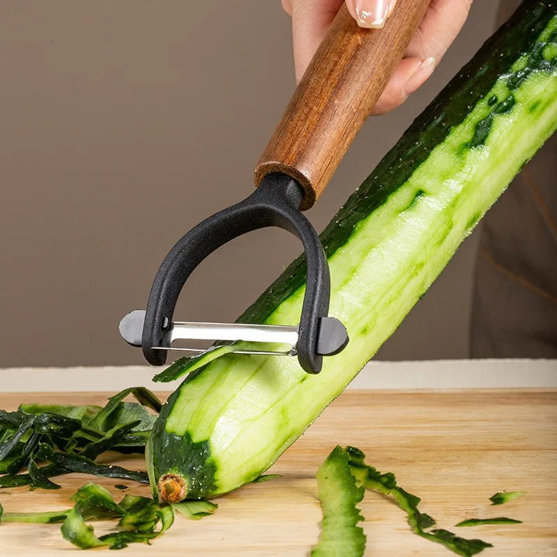 2-Piece Wooden Handle Stainless Steel Peeler,Straight & D-shaped Fruit Vegetable Melon Planer,Wooden Grip Peeling Kitchen Tool Qme