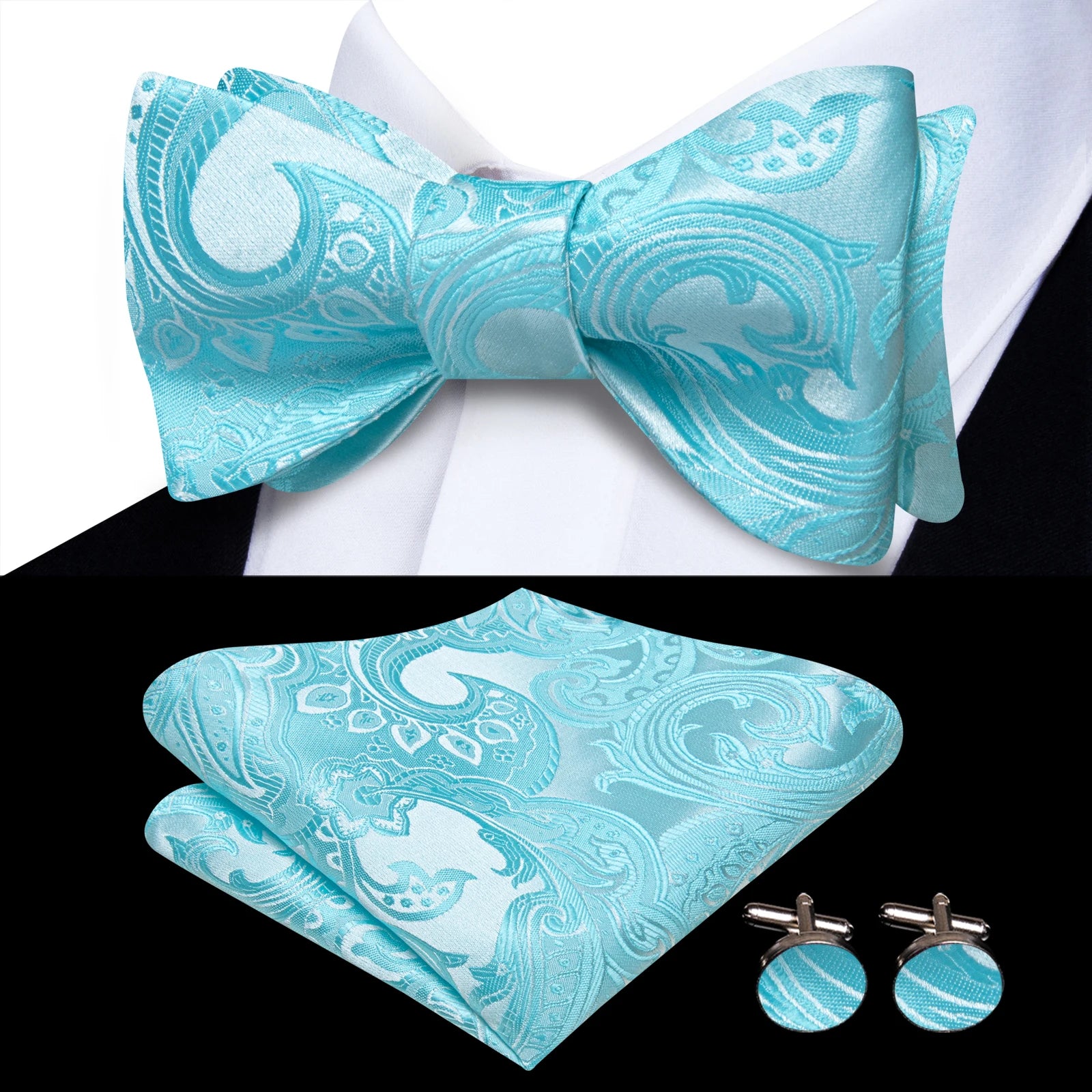 Pink Orange Sky Blue Hi-Tie Mens Bow Tie Pocket Square Cufflinks Set Self-tied Butterfly Knot Bowtie for Wedding Business Gift Qme HT-LH-2295