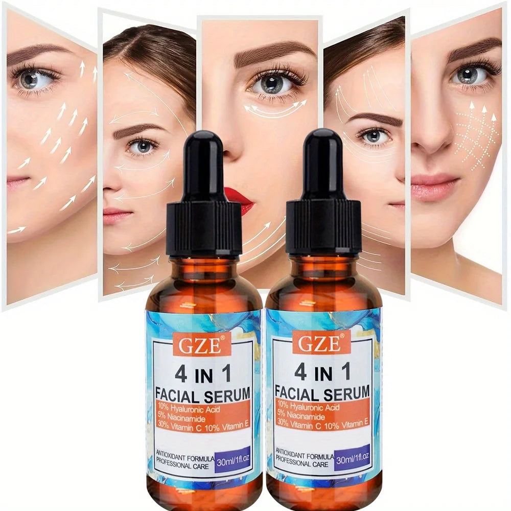 2pcs GZE 4-in-1 Face Serum with Hyaluronic Acid, Peptides, Vitamin C & E, Hydrates, Suitablefor All Skin Types Qme Face Serum 30ml