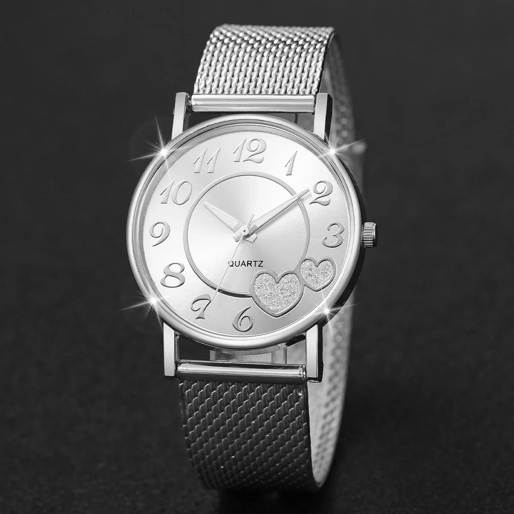 6 Pçs/set Moda Banda de Plástico Mulheres Relógios Coração Dial Relógio de Quartzo Conjunto de Jóias de Diamante (Sem Caixa) Qme