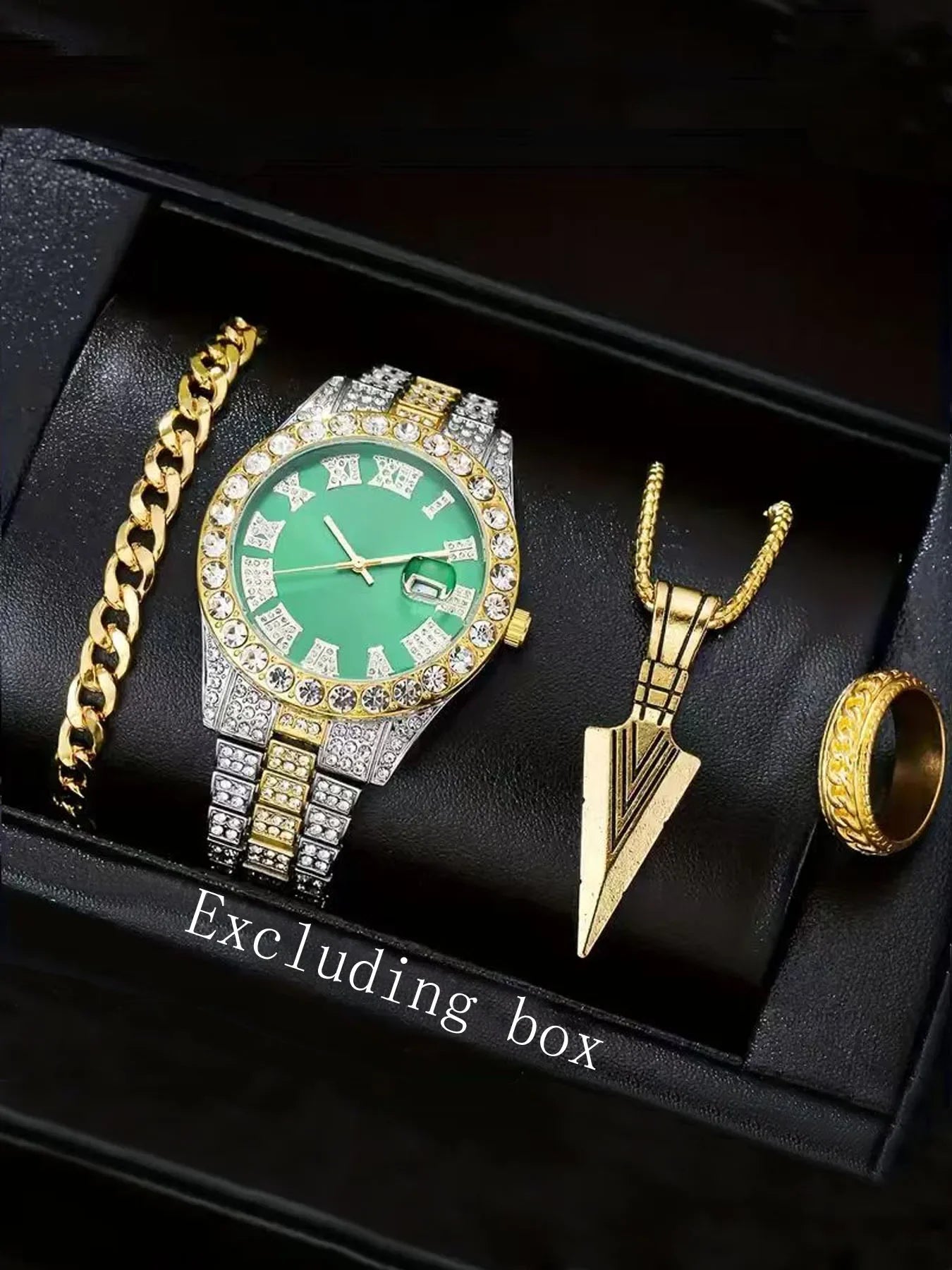 Men's Bling Jewelry Set: Two-tone Iced Out Watch + Cuban Bracelet + Spearhead Pendant Necklace + Ring, 4Pcs Hip Hop Set Qme