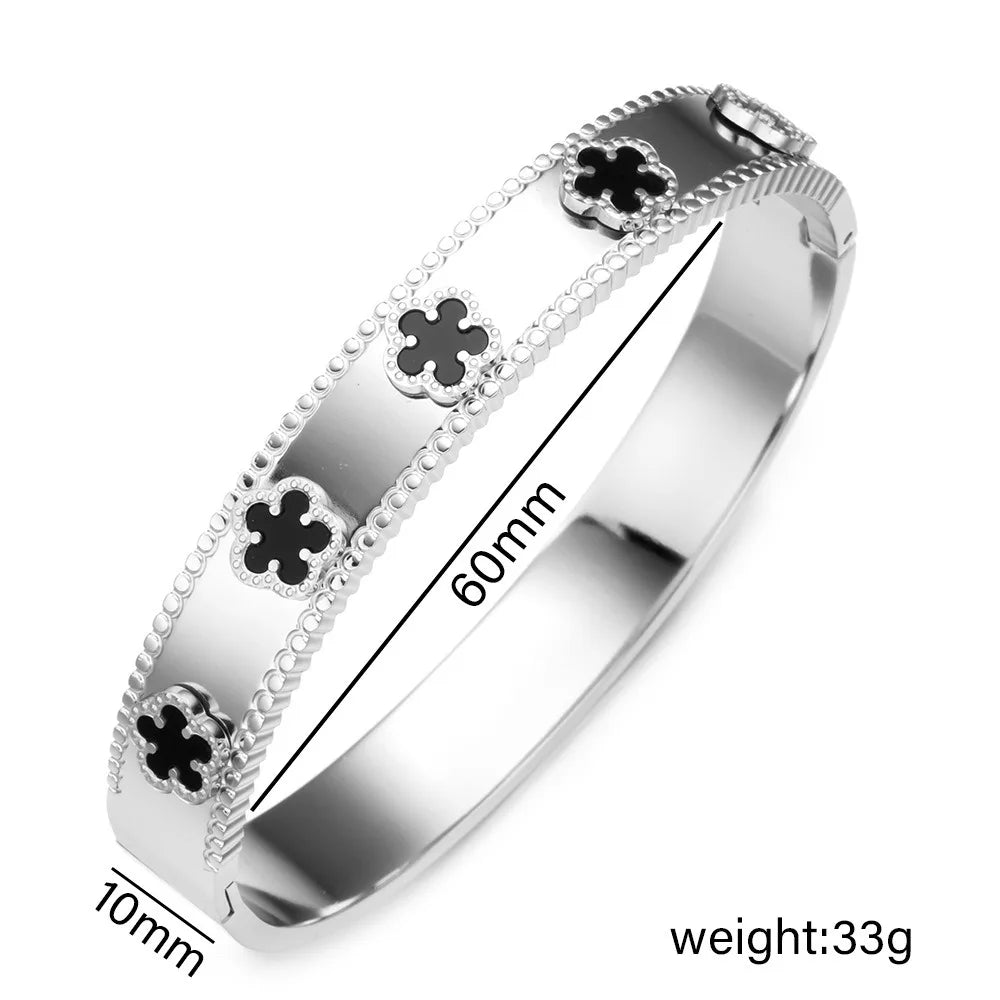 Unisex Gold/Silver Classic Stainless Steel Laser Five-Leaf Flower Open Bracelet & Bangles Simple For Woman Party Jewelry Clover Qme Silver 3