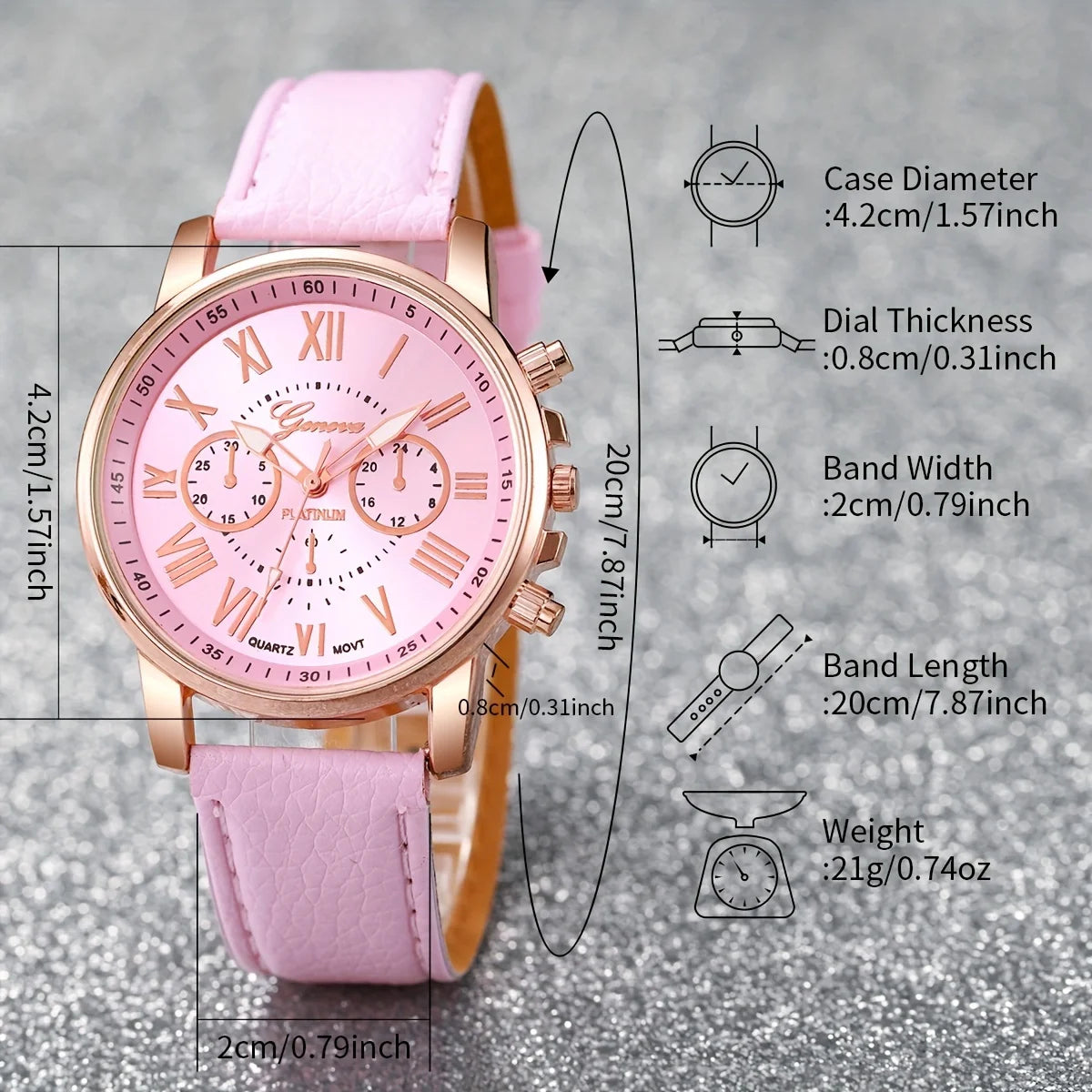6PCS/Set Fashion Women's Quartz Watch Leather Band Analog Wrist Watches Heart Rhinestone Jewelry Set(Without Box) Qme