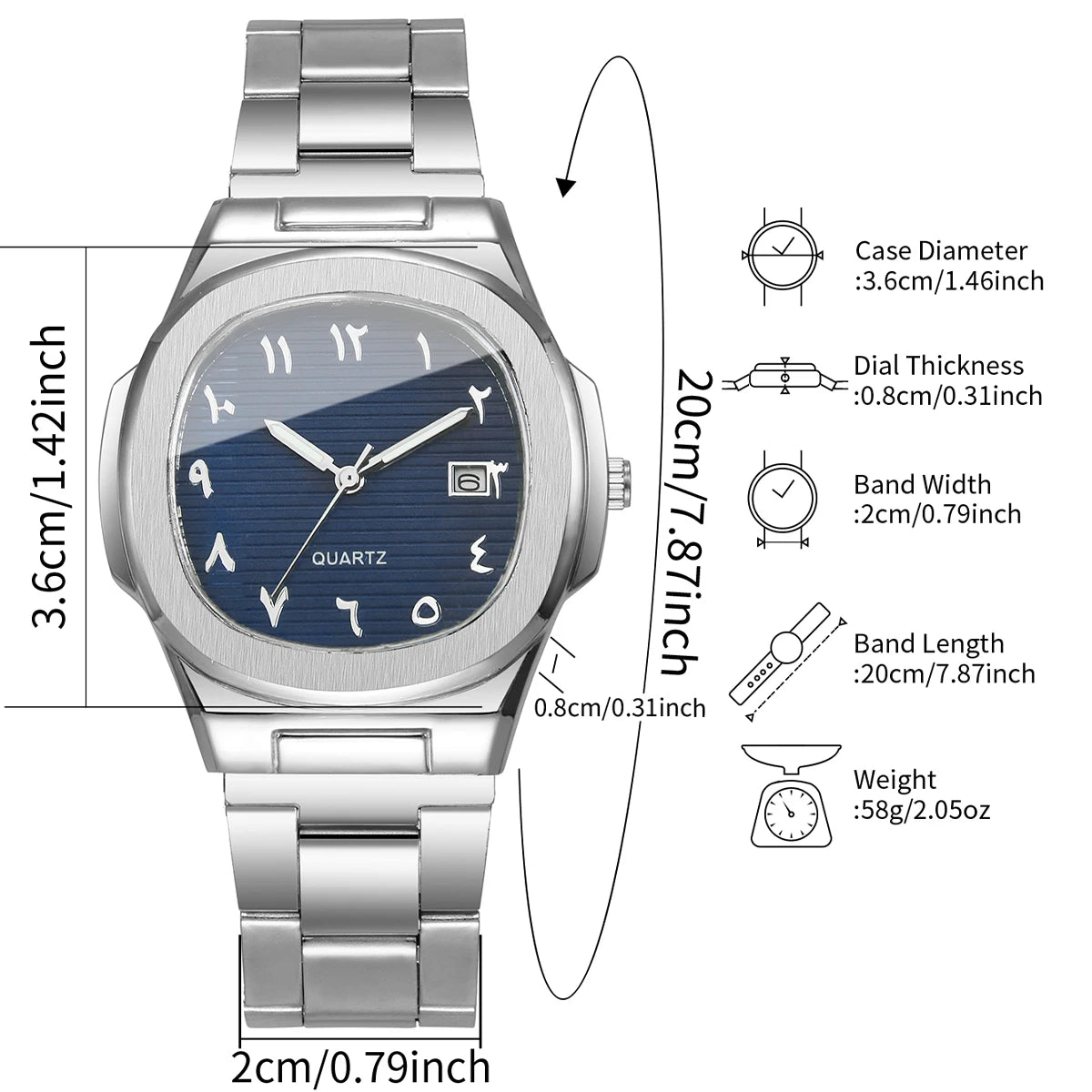 Men's Casual Silver Jewelry Set, Blue Dial Arabic Numeral Quartz Watch with Stainless Steel Band and Cross Cutout Ring Qme
