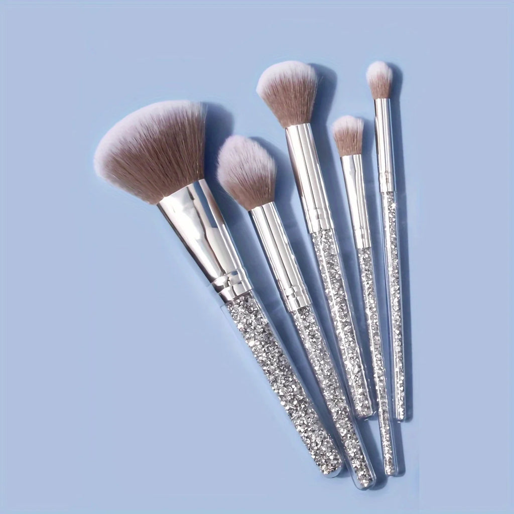 5pcs Makeup Brush Set With Fashionable Glitter Rhinestone Handle, Powder Brush Blush Brush Eyeshadow Brush, Qme 5pcs set