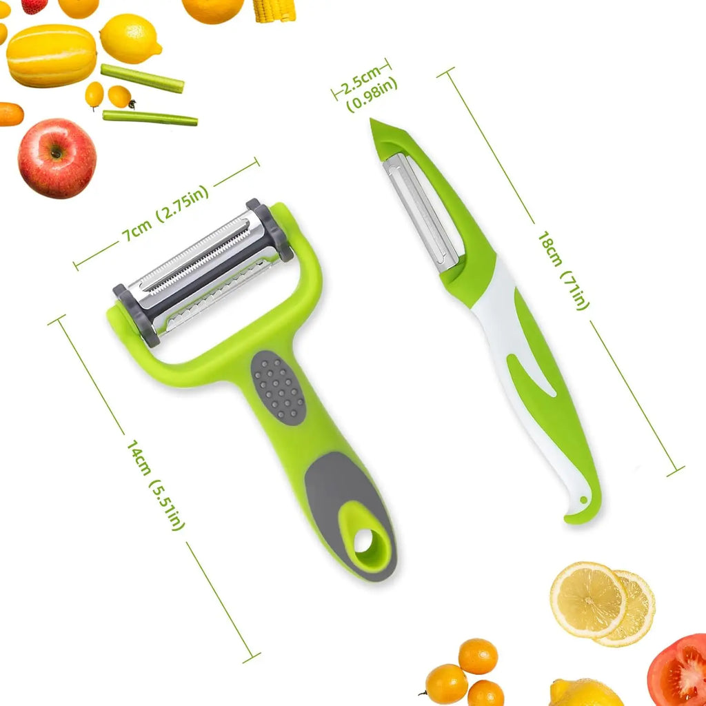 4-in-1 Vegetable Peeler for Peeling, Slicing, and Chopping Vegetables, with Rotating Stainless Steel Blades Qme