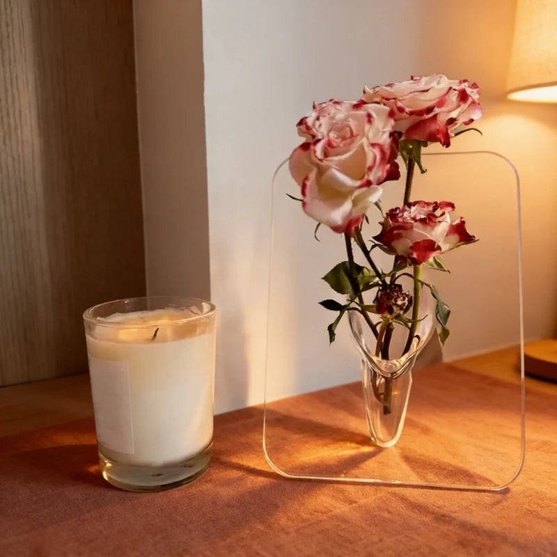 Modern Transparent Acrylic Frame Vase, Decorative Photo Frame Flower Vase for Desktop & Bookshelves Home Decoration Qme