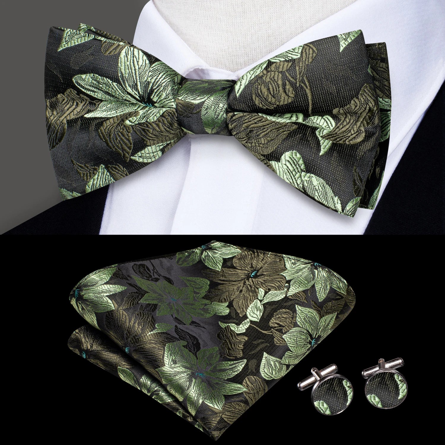 Hi-tie Grey Plaid Jacquard Pre-tied Mens Bow Tie Hanky Cufflinks