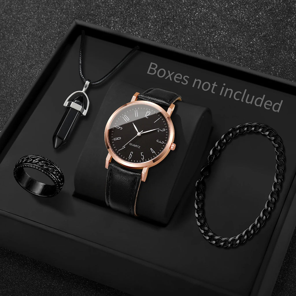 4Pcs Men Jewelry Set Black Leather Quartz Watch + Necklace + Ring + Bracelet Fashion Casual Wristwatch Set Relogio Masculino Qme Black Without Box