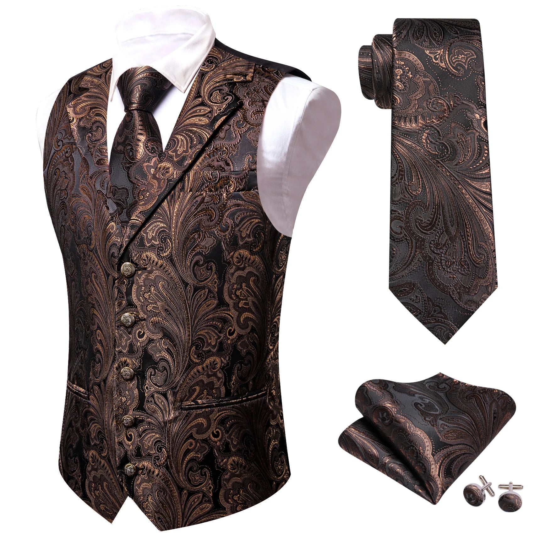 Men's Jacquard Waistcoat Half Notch Lapel Vest Necktie Pocket Square Cufflinks Set Formal Wedding Party Prom Business Suit Vests Qme BW-MJTZ2139 XL