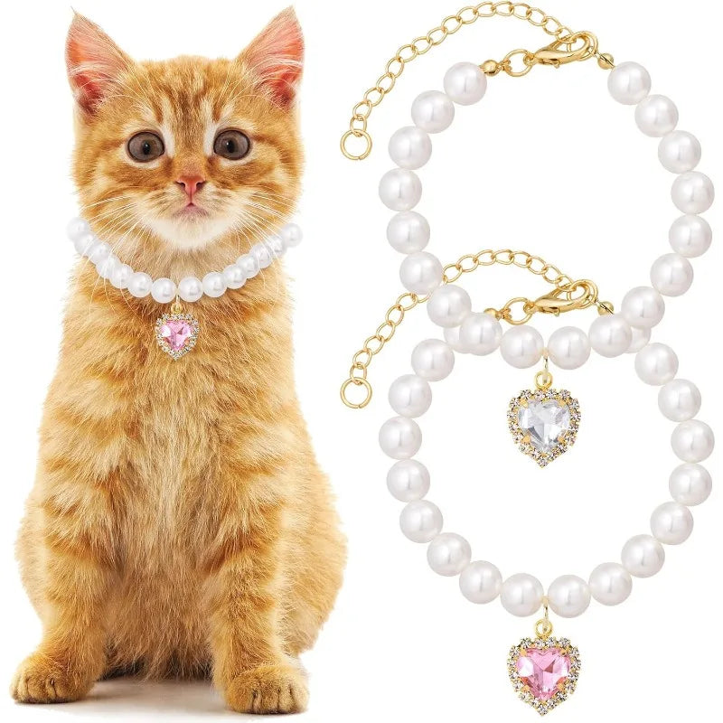 1 pet pearl heart-shaped rhinestone pet necklace collar, adjustable wedding party collar, suitable for cats and super small dogs Qme