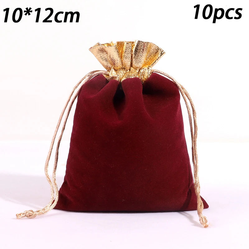 10pcs/lot Vintage Velvet Bag Gold Color Trim Drawstring Red Gift Bags Wedding Jewelry Packaging Pouches Qme Wine Red M