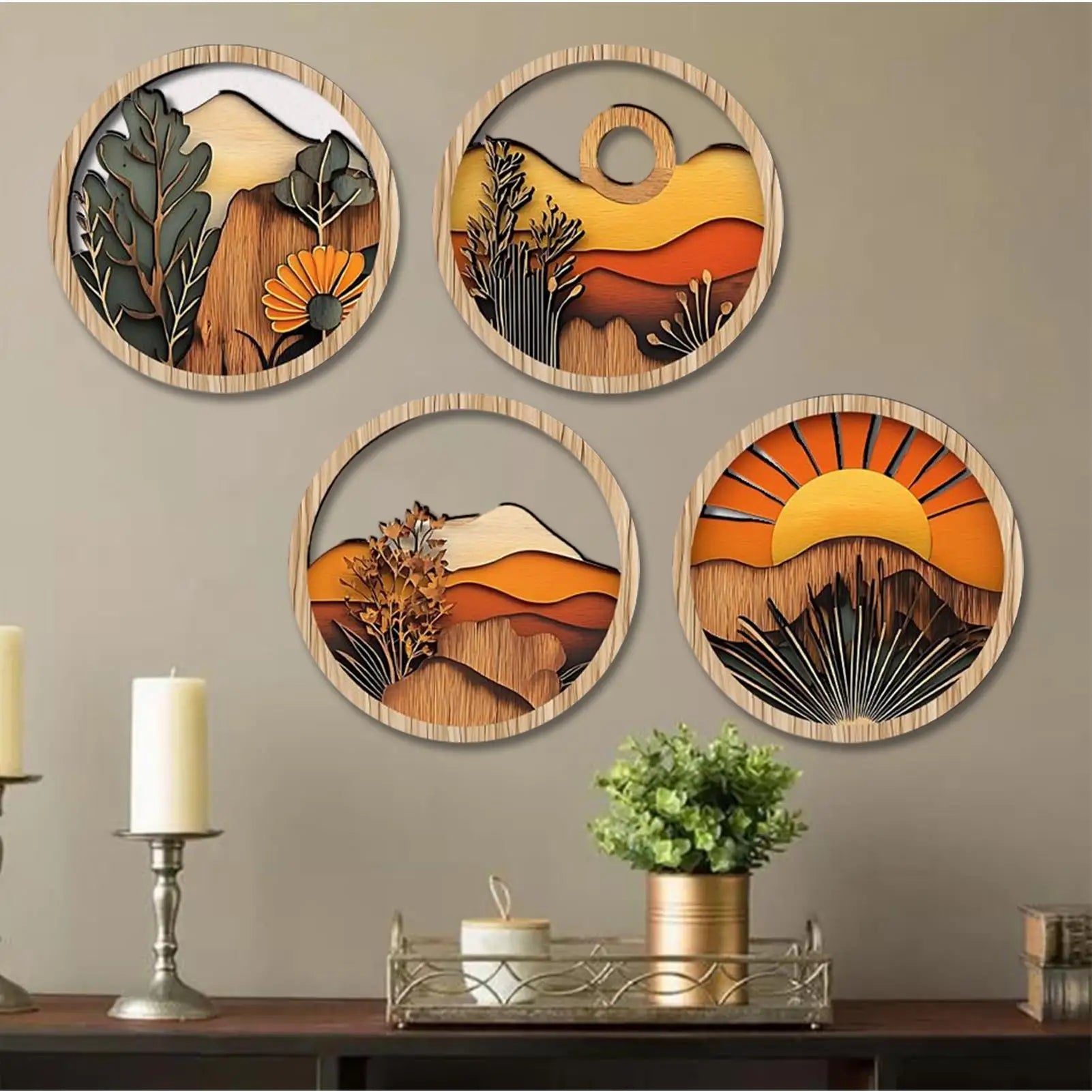 Boho Wall Art Living Room Bohemian Round Wooden Frames Aesthetic Qme