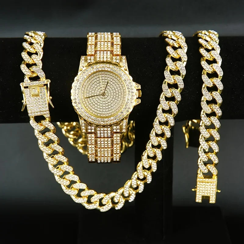 3pcs/set, Men's Rhinestone Wrist Watch & Necklace Bracelet Set, Couple Watch Gift Qme
