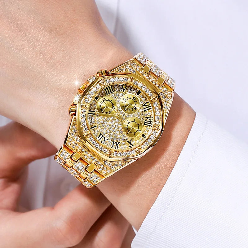 Gold Plated Full Diamond Chronograph Watch + Cuban Link Bracelet, Men's Fashion Bling Jewelry Set for Party/Streetwear Qme 3