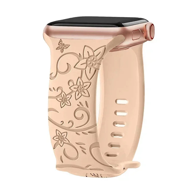 Floral Engraved Strap For Apple Watch Band 40mm 44mm 41mm 49mm 45mm 38mm 42mm silicone bracelet iwatch series 9 7 se 6 8 ultra 2 Qme Wildflower Milk 38mm 40mm 41mm