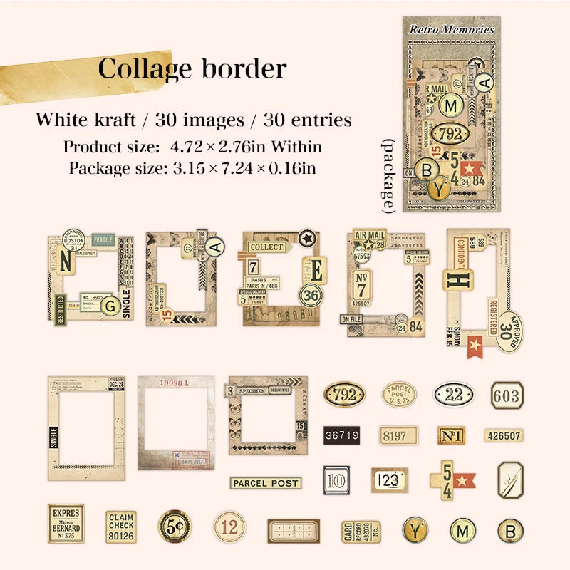 30 Sheets Vintage Memory Series Border Insect Collage Stickers for Scrapbooking DIY Frame Decals Computer Laptop Phone Luggage Qme 3