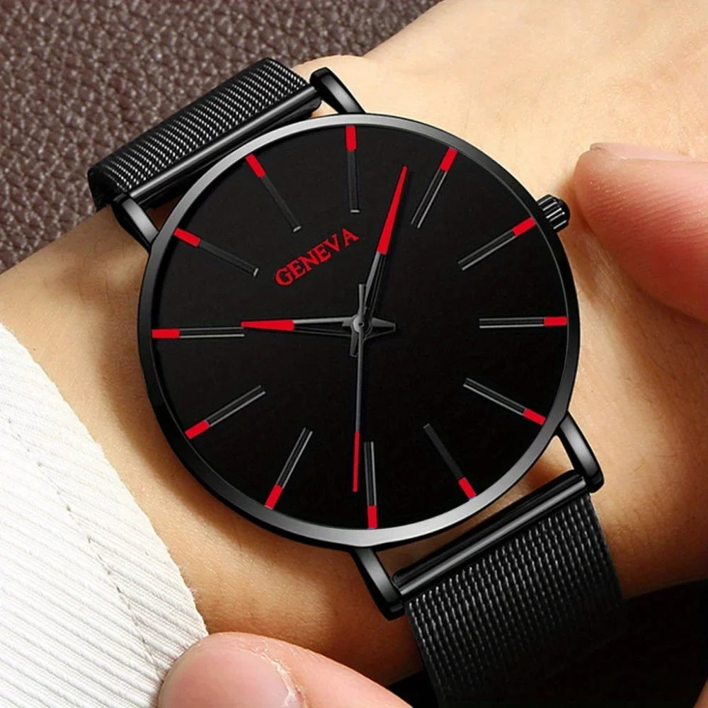 5pcs/set Fashion Men's Quartz Watch Set Classic Pointer Design Alloy Mesh Strap Watch Necklace Bracelet Ring Ideal Gift for Men Qme