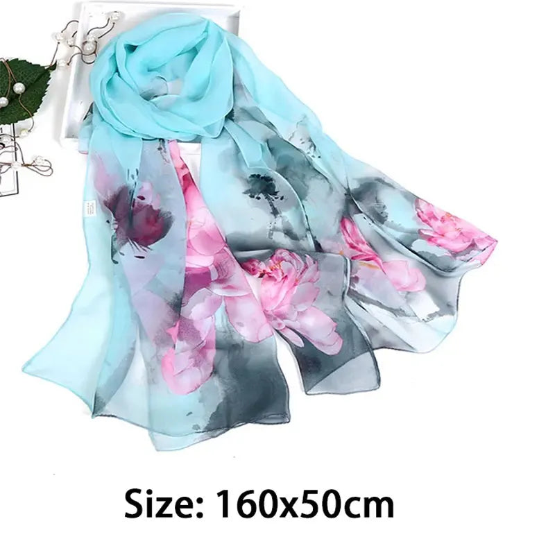 Painting Lotus Beach Sun Protection Chiffon Georgette Scarf Women Foulard Scarf Shawls Female Long Wraps Beach Sunscreen Hijab Qme