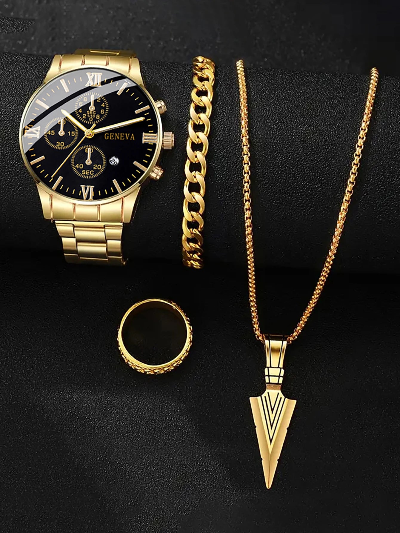 A men's quartz watch paired with a bracelet, necklace and ring. Suitable as a birthday gift. Does not include the box. Qme 4PCS WATCHES-J