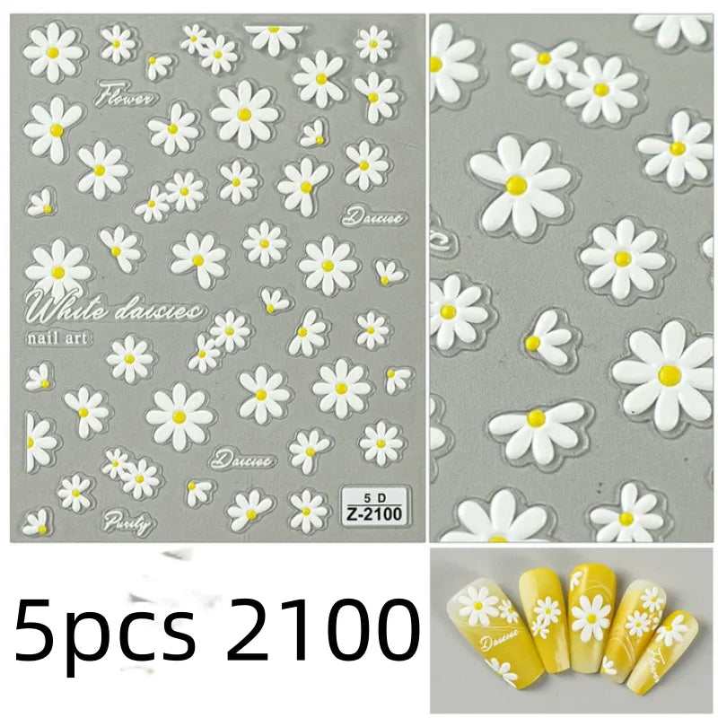 5D Flower Daisy Embossed Stickers Nail Sliders Decals White Florals