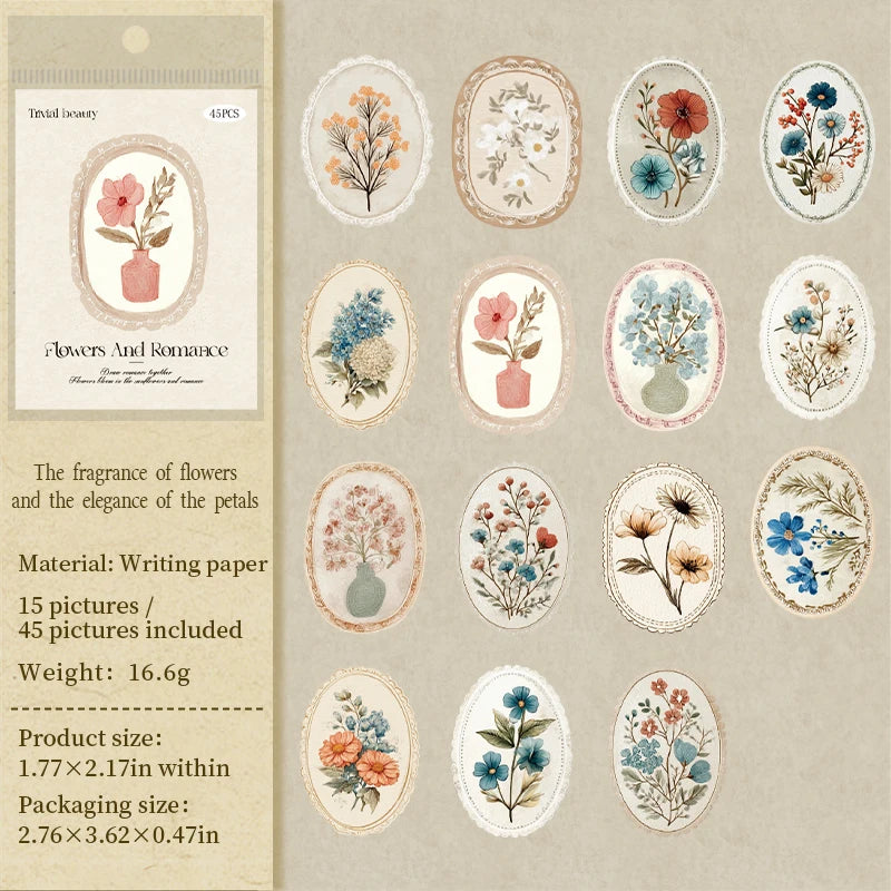 45 Sheets/Bag Floral Theme Envelope Sealing Boxed Stickers for DIY Scrapbook Background Phone Case Notebook Decoration Craft Qme 6
