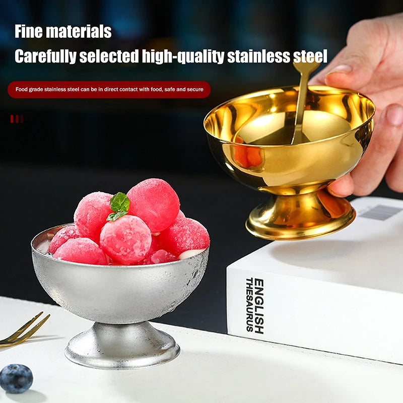 Stainless Steel Ice Cream Cup Gold Silver Dessert Bowl Spoon Qme