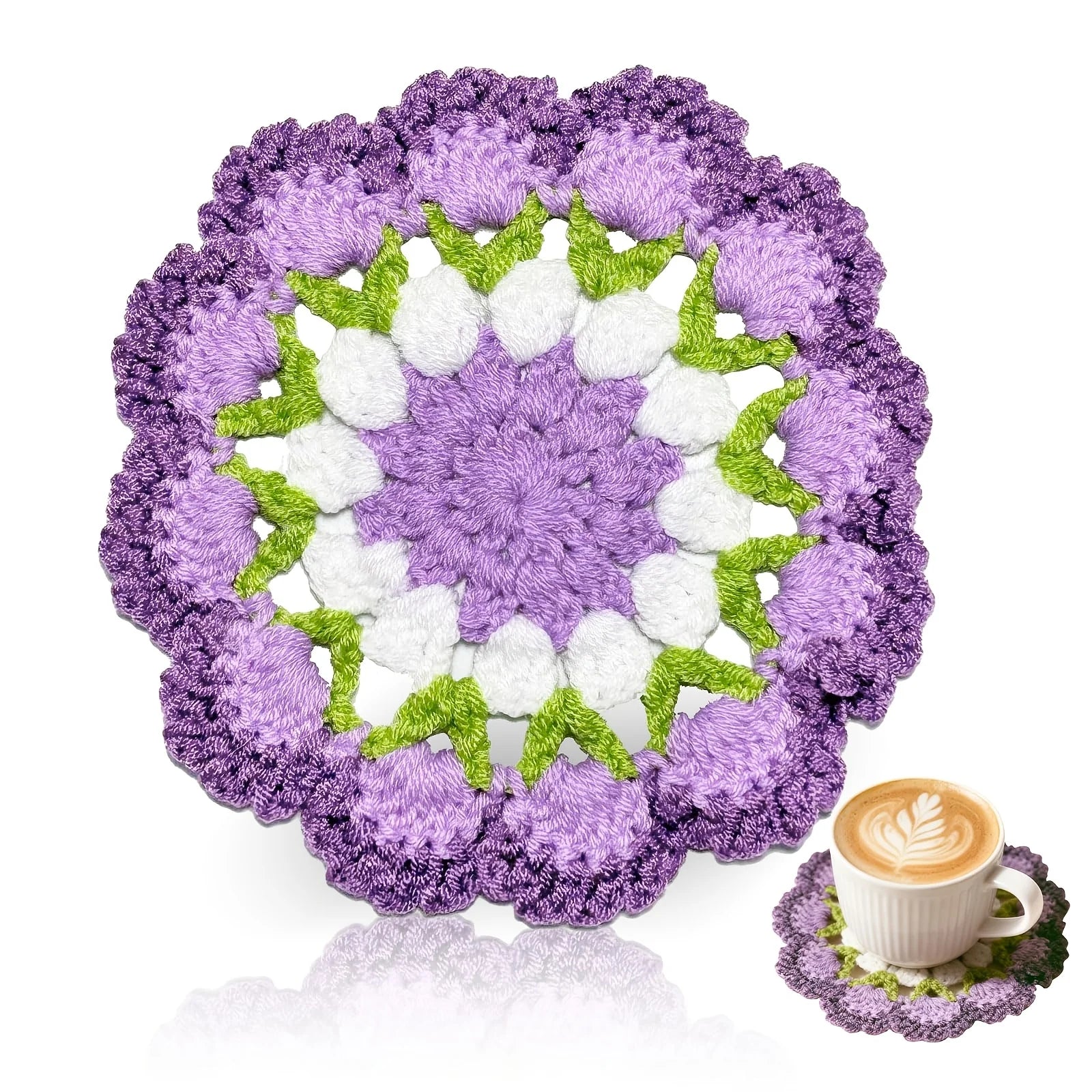 Handmade Crochet Flower Coaster Purple Floral Knitted Cup Mat Absorbent Cotton Mug Pad Non-slip Table Protector Home Decor Qme