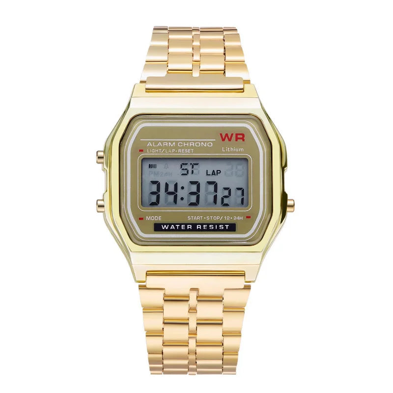 F91W Non-Waterproof Steel Band Watch For Women, Men, Business Clock, Multi-Functional LED Digital Sports Watch, Electronic Clock Qme Gold No