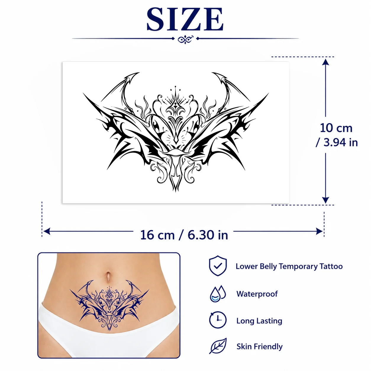 Disposable Tattoo Sticker, Temporary Tattoo for Lower Belly, Waterproof Easy Apply Body Art for Women, Elegant Blue Tribal Desig Qme MM-001