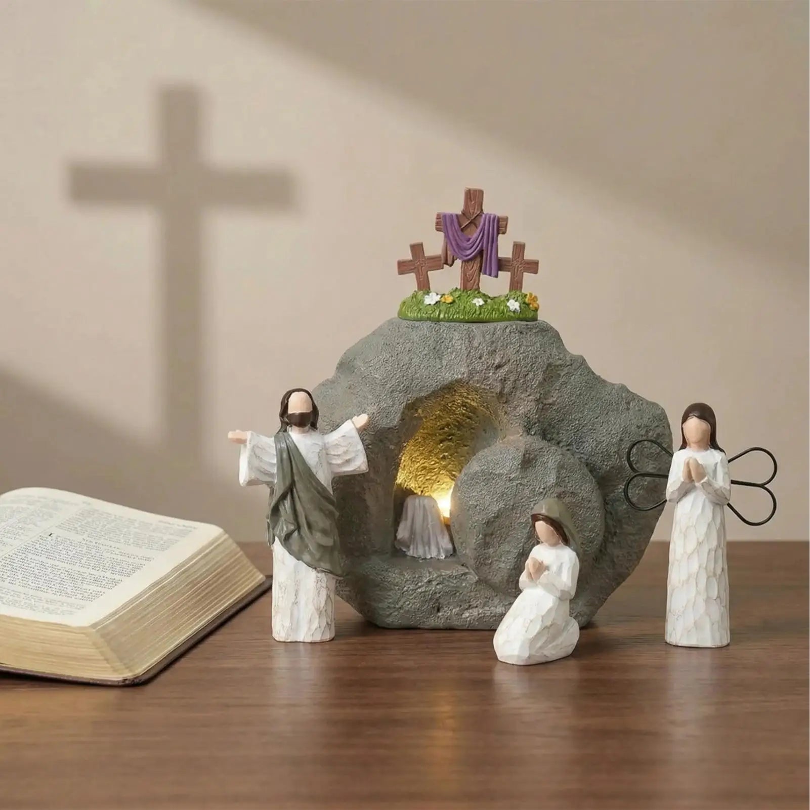 2026 Empty Tomb Easter Scene Religious Resin Centerpiece Easter Tomb for Spring Office Mantle Shelf Christian Home Church Qme
