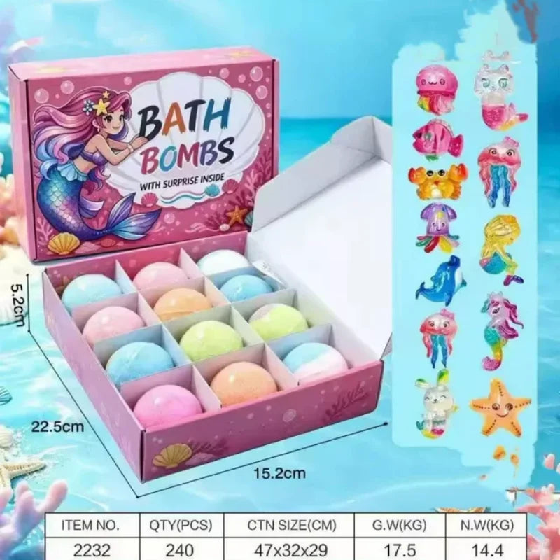 12pcs Kids Bath Bombs Set 60g Each with Surprise Toy Inside Natural Bubble Bath Fizzy Ball for Children Spa Bathtime Gift Qme mermaid 60g