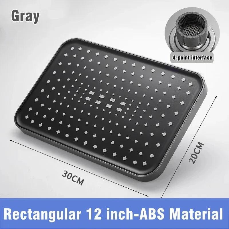 New 12 Inch High Pressure Top Spray Rain Shower Head Larger Flow Supercharge Rainfall Showerhead 360° Swivel Water Saving Qme Rectangular Gray