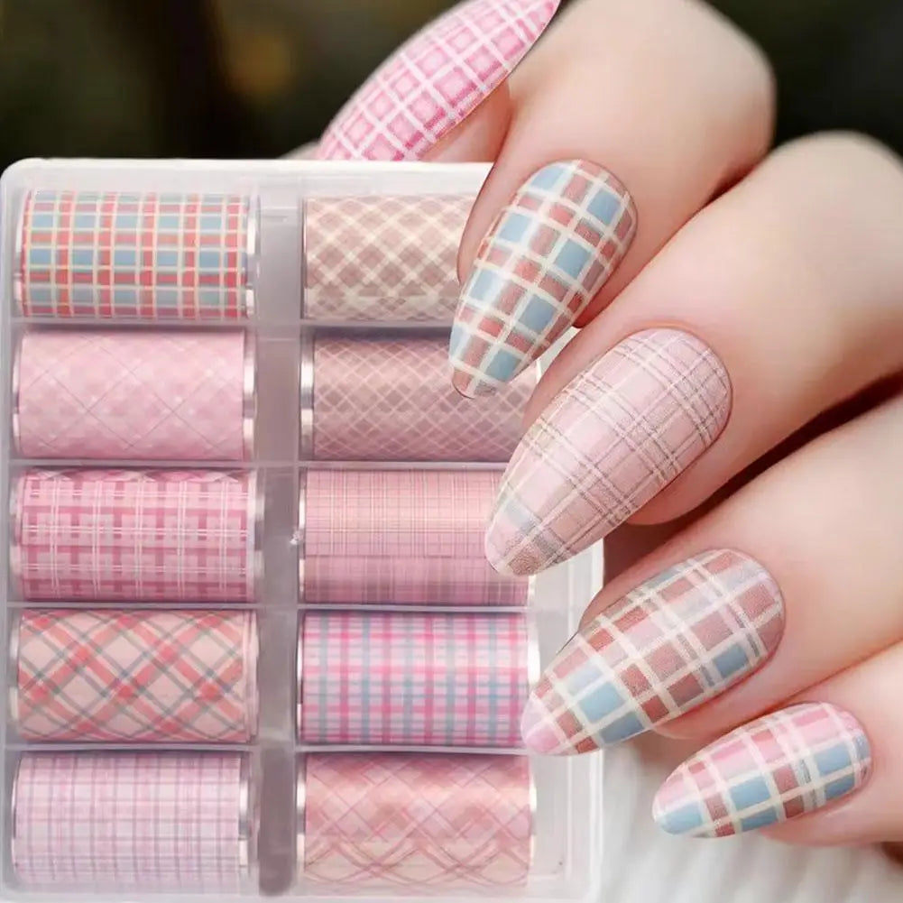10Roll Box Plaid Flower Nail Foil Transfer Stickers Art Self-adhesive Qme