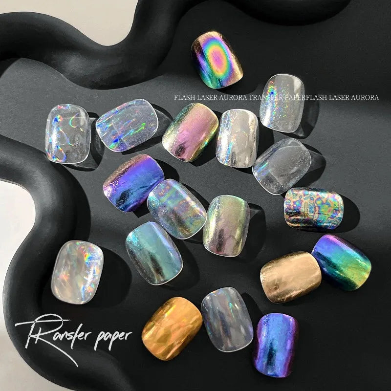 6 Rolls Holographic Aurora Nail Transfer Paper, Laser Iridescent Water Decals, Galaxy Cave Stickers for Nail Art DIY Manicure Qme