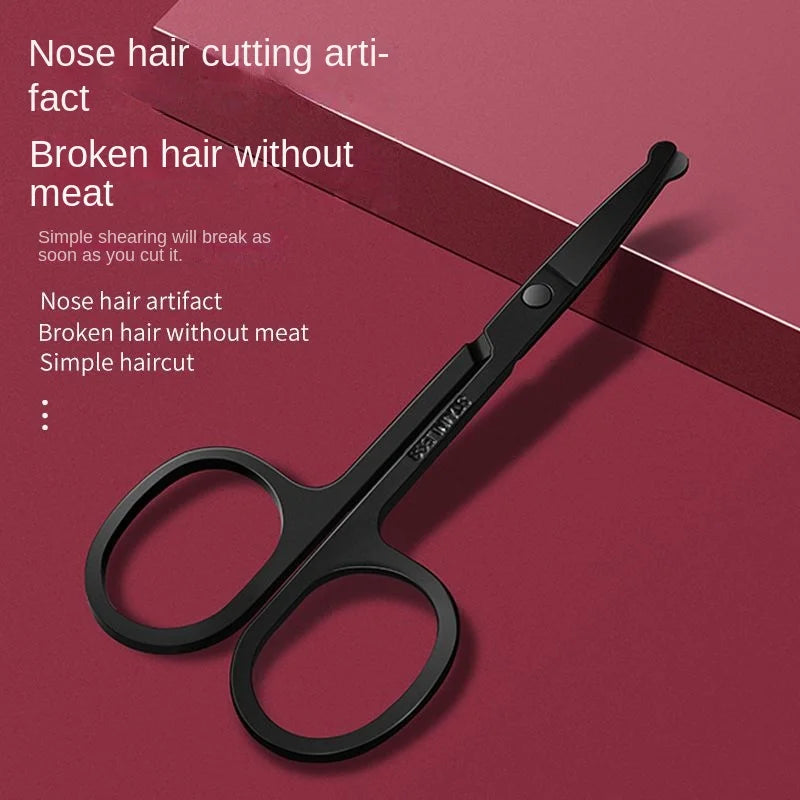 Silver Mirror Light Black Round Head Safety Nose Hair Scissors Qme