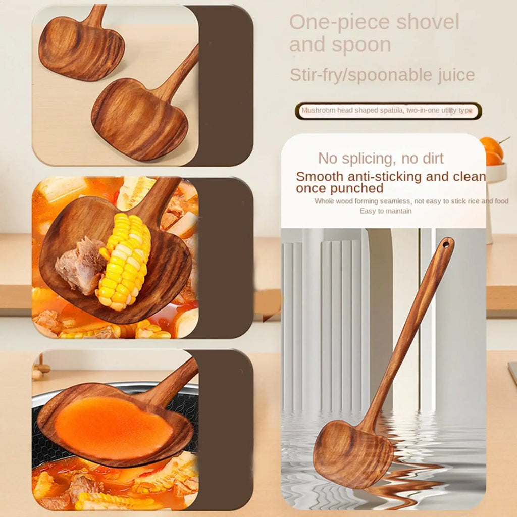 Wooden Ladle 2-in-1 Long Handle Ergonomic Non-Stick Kitchen Soup Spoon for Non-Stick Pan Cooking Pot Kitchen Restaurant Mixing Qme