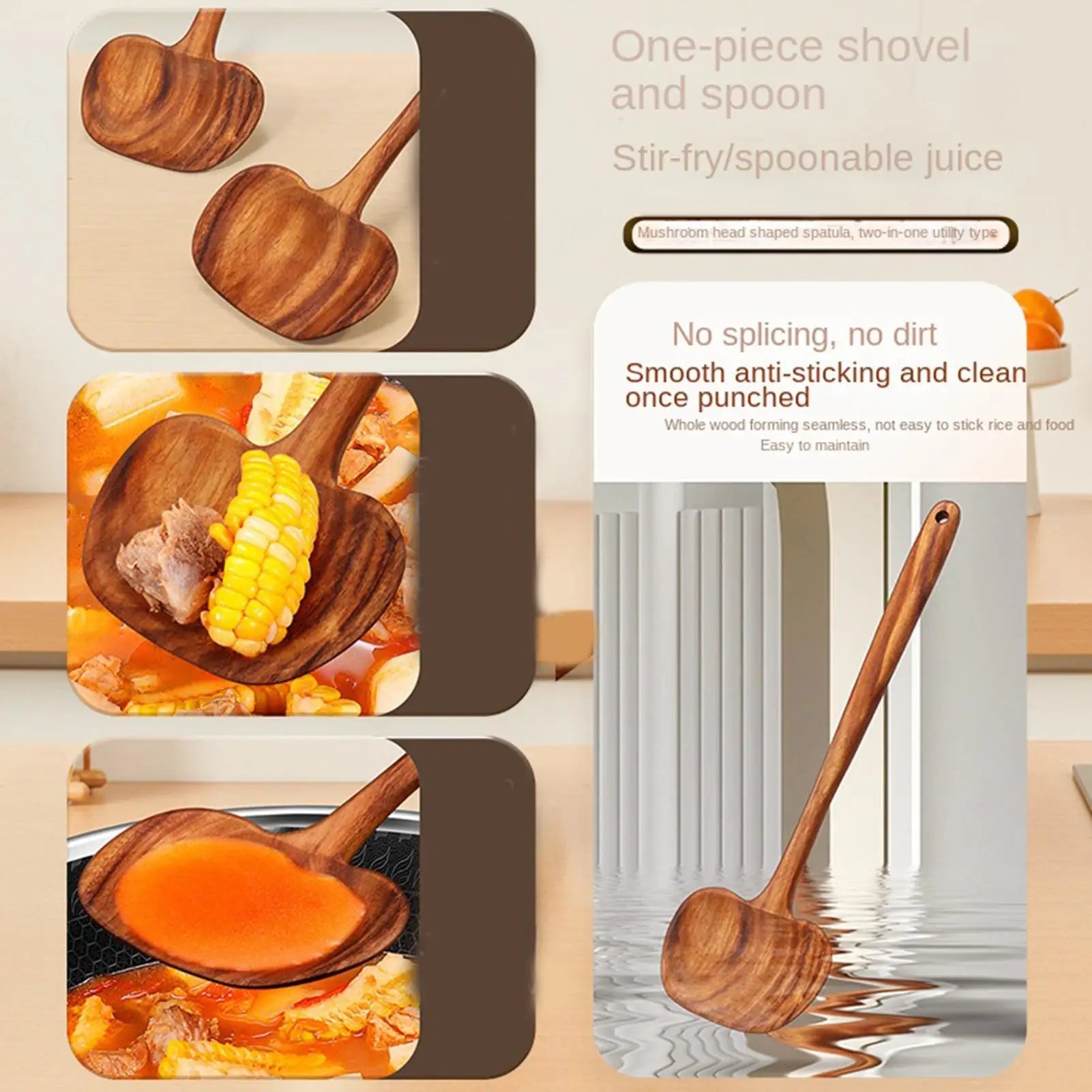 Wooden Ladle 2-in-1 Long Handle Ergonomic Non-Stick Kitchen Soup Spoon for Non-Stick Pan Cooking Pot Kitchen Restaurant Mixing Qme