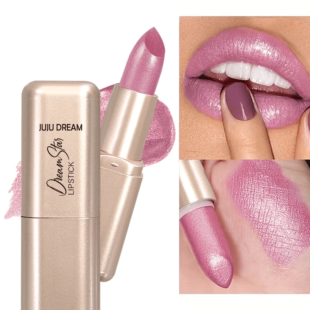 Glitter Pink Lipstick Pearlescent Shimmer Glow Rich Payoff Waterproof Qme