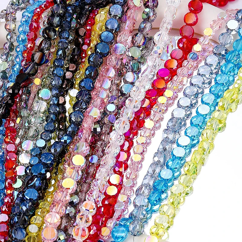 Flat Round Glass Beads Transparent Faceted Glass Spacers Colorful Coin Beads Crystal Loose Beads for Jewelry Making DIY Bracelet Qme