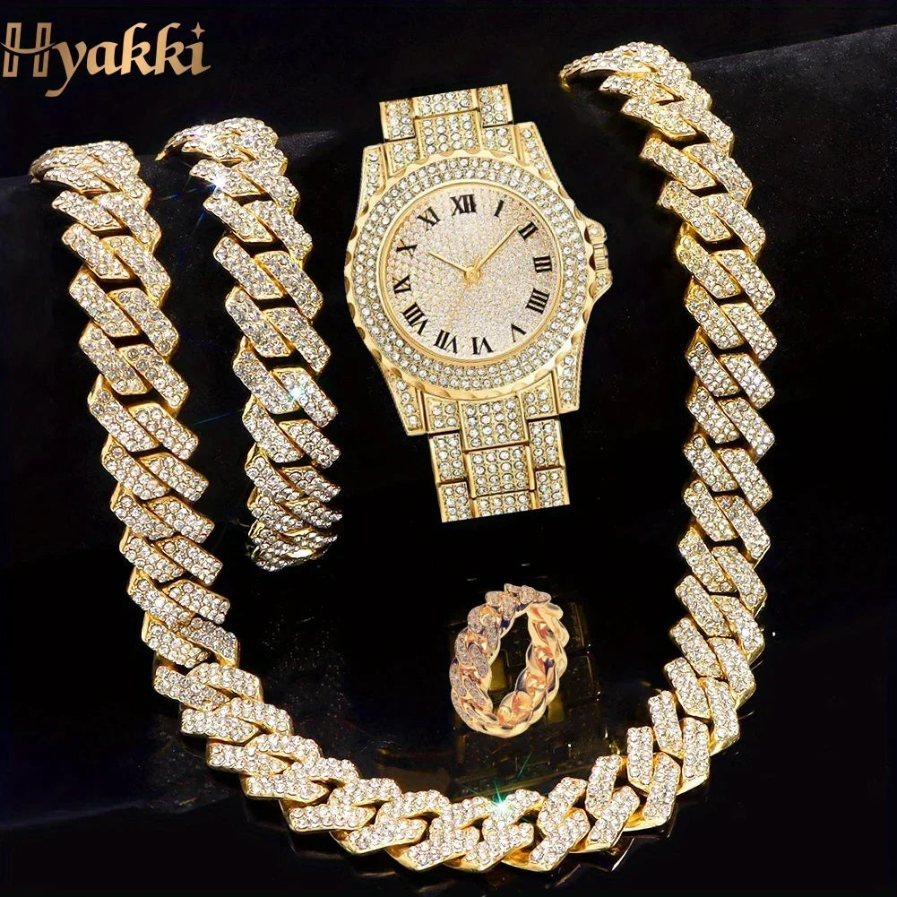 Heavy Bling All Crystal Paved Dial Gold Plated Men Wrist Watch Matching Iced Wide Cuban Chain Jewelry Gift For Rappers Night Par Qme