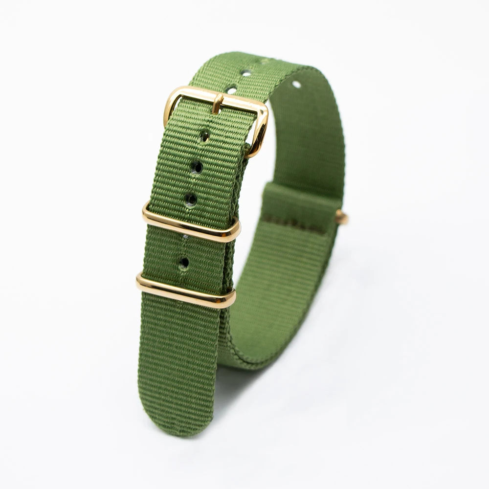 Hot Selling Gold Square Buckle Nylon Four Colors Watch Strap Fashionable Wear Resistant Watch Striped Bracelet Nice Watch Strap Qme Green 22 mm