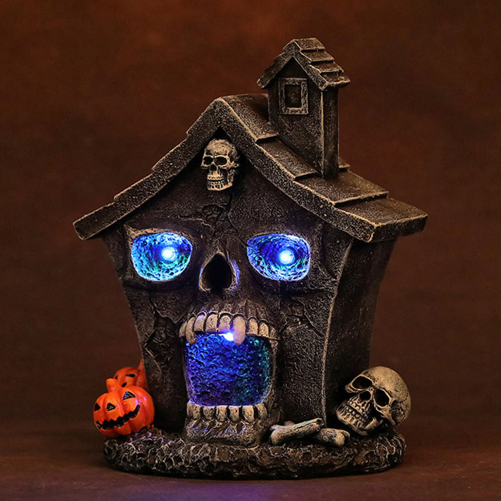 Halloween Head Haunted House Village Figurine Decoration Resin Mansion Lighted Decor For Home Kitchen Fireplace Desk Ornaments Qme