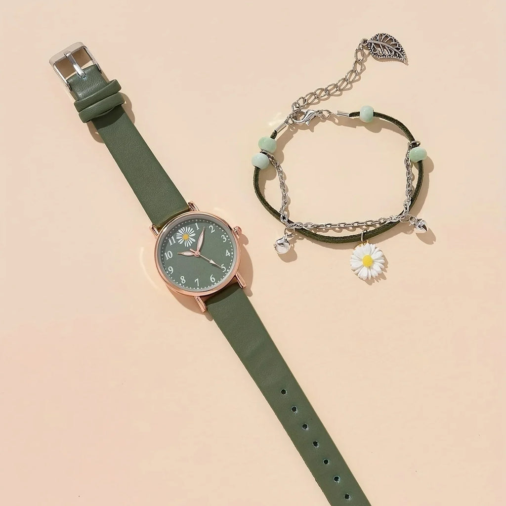 1pc Round Pointer Quartz Watch Cute Daisy Charm Electronic Wristwatch With PU Leather Strap & 1pc Bracelet, Best Gift For Her Qme
