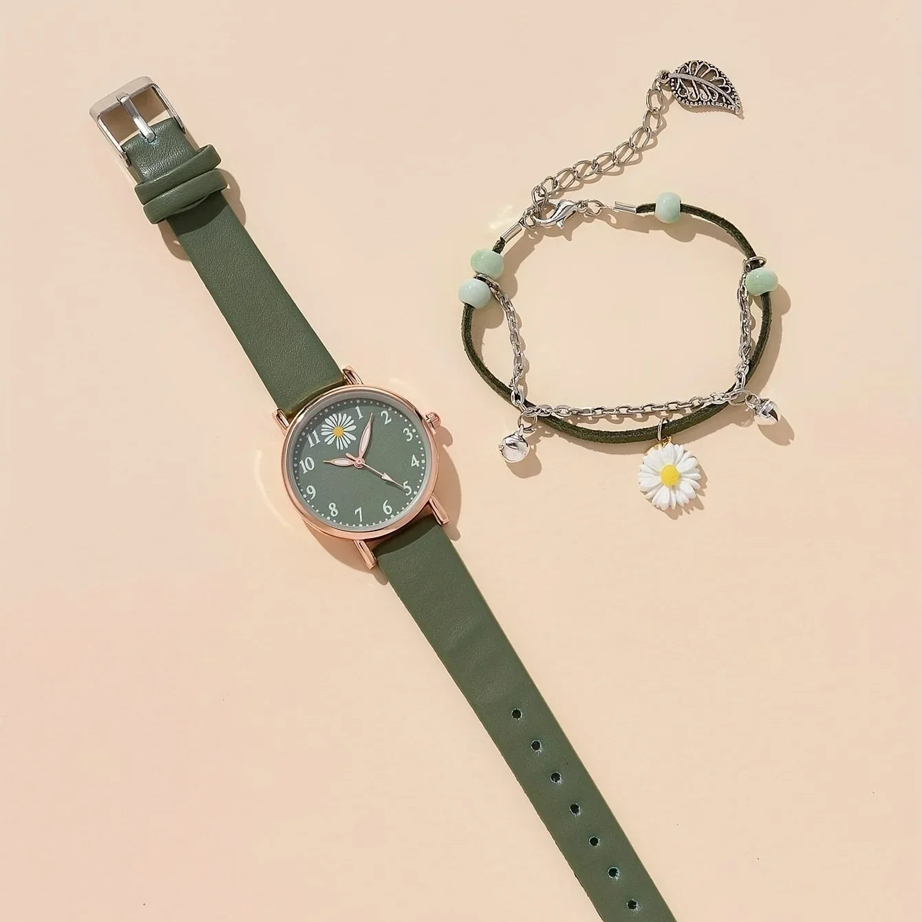 1pc Round Pointer Quartz Watch Cute Daisy Charm Electronic Wristwatch With PU Leather Strap & 1pc Bracelet, Best Gift For Her Qme